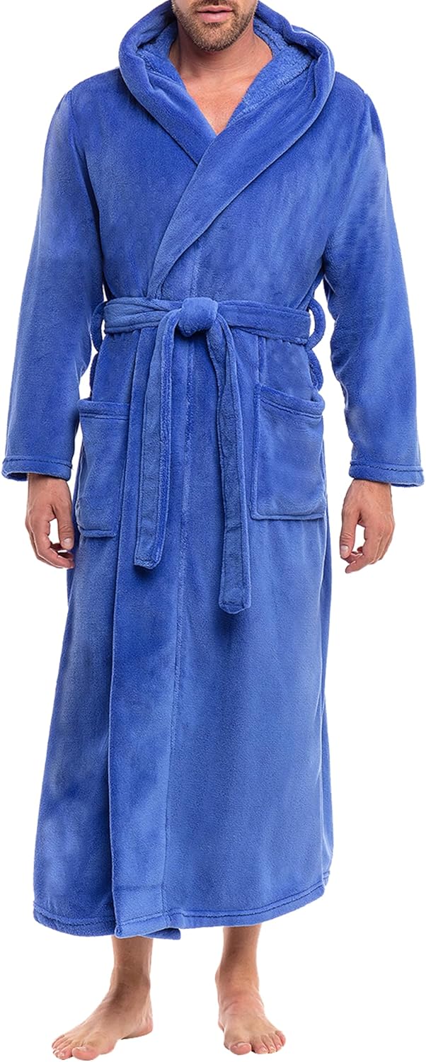 Alexander Del Rossa Mens Robe With Hood, Plush Fleece Hooded Mens Bathrobe, Big And Tall Bath Robe For Men
