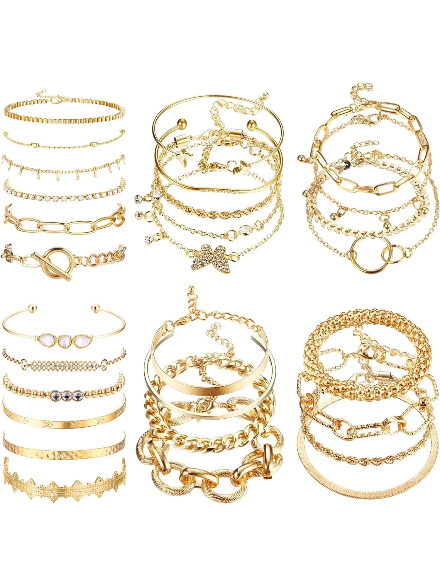 27Pcs 14K Gold Plated Stacking Bracelet Bundle for Women, Fashion Wrist Jewelry, Boho Dainty Multi Layer Stackable Set, Adjustable Open Cuff Wrap Bangles, Trendy Paperclip & Italian Cuban Link Aesthetic Everyday Jewelry, Chain Bracelets