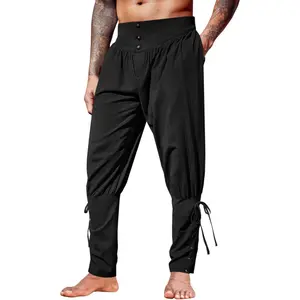 Mens Medieval Ankle Pants Renaissance Viking Pirate Lace Up Tapered Halloween Linen Costume Trousers.