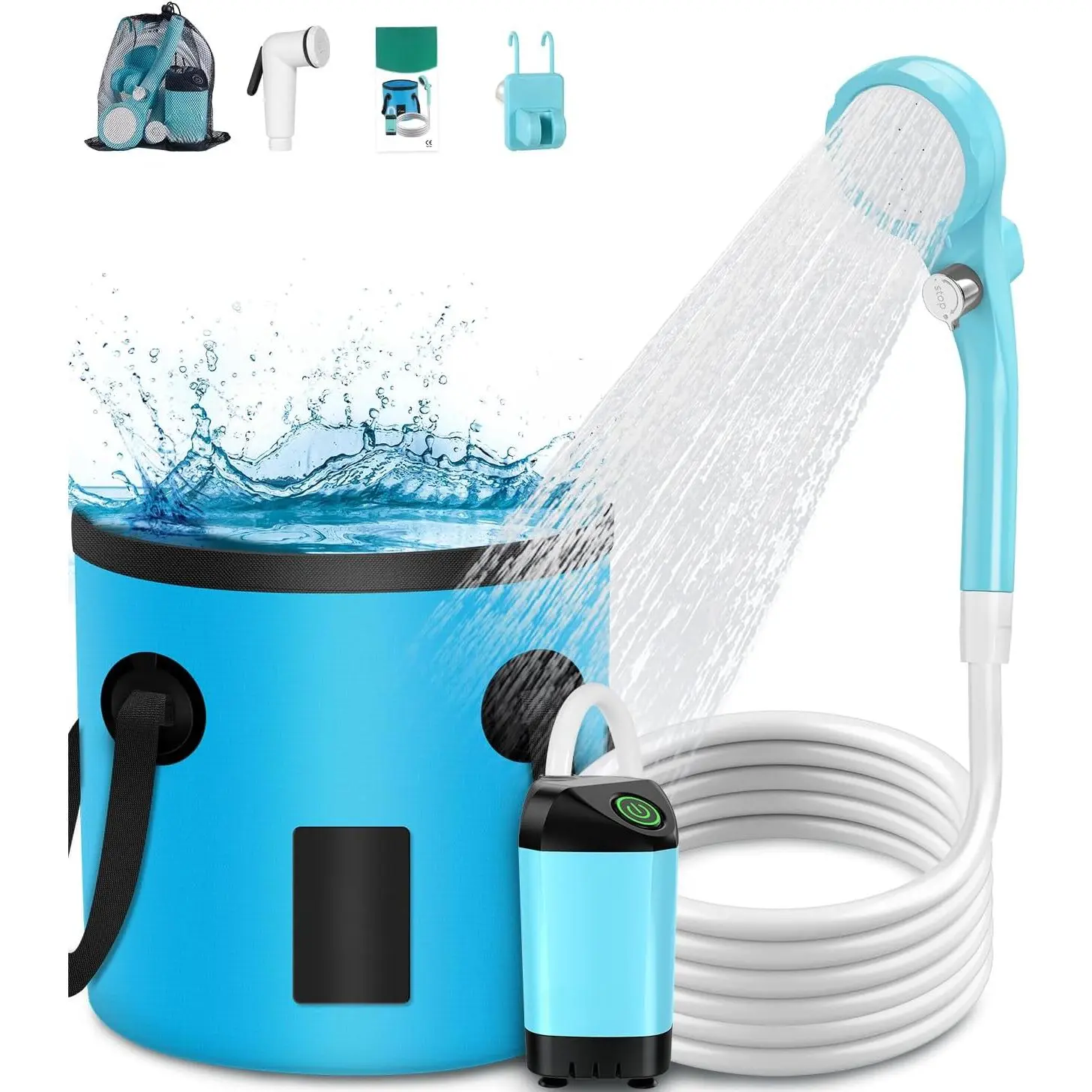 Portable Shower  Camping, Outdoor Electric Shower Rechargeable Pump with 20L Collapsible Bucket, Camping Shower Head Nozzle  Camping, Hiking, Traveling, Washing
