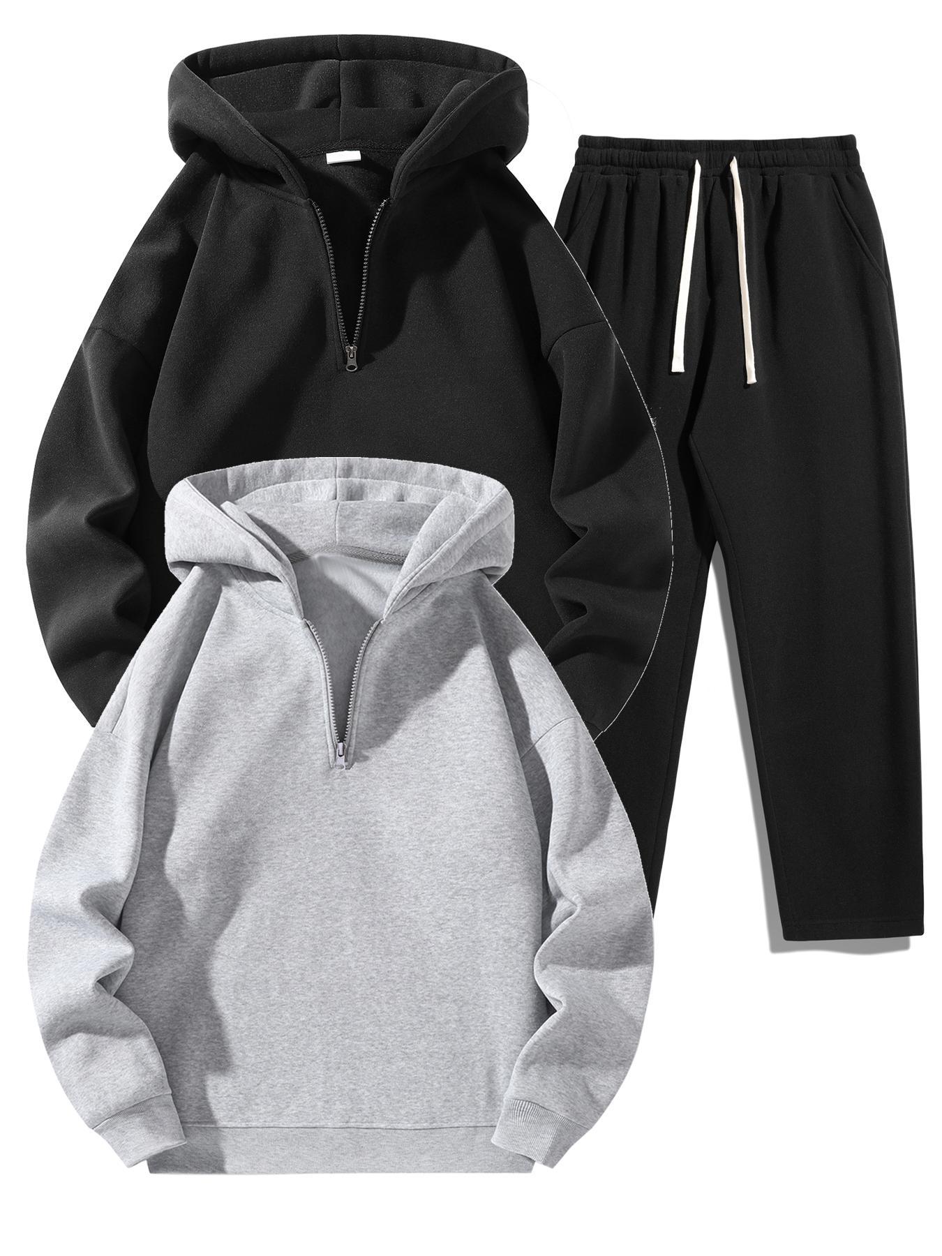 Men's Solid Half Zip Hoodie & Pants Set, Casual Regular Fit Long Sleeve Hooded Sweatshirt & Straight Leg Pants, Men's Fall & Winter Clothes, Athleisure Style