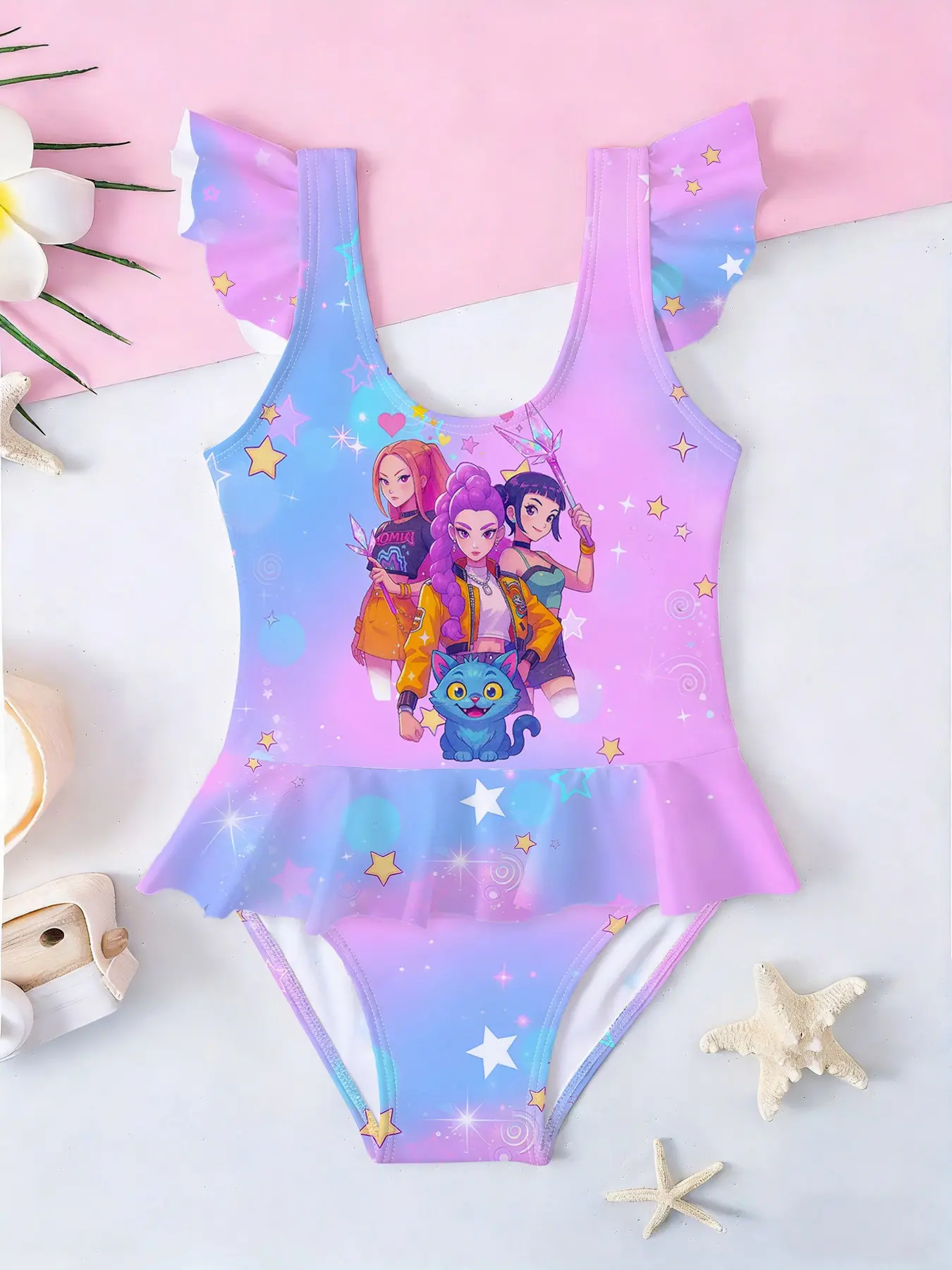Girls' Korean Style One-Piece Swimsuit, Blue Gradient Star Print, Sleeveless Romper, Summer Beachwear, Cartoon Cat Design