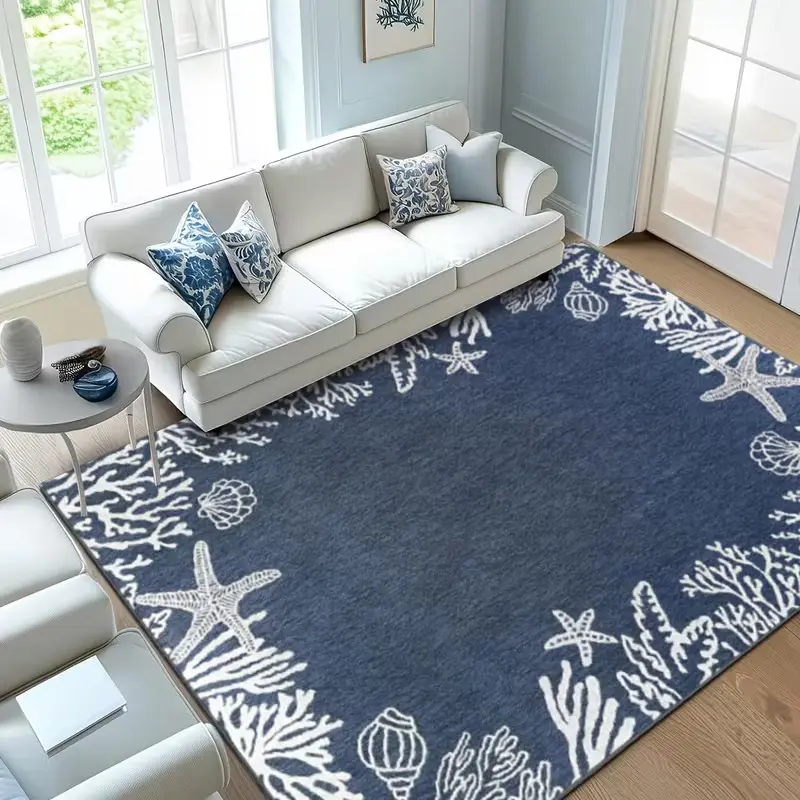 Nautical starfish and coral pattern area rug, velvet carpet, washable under-bed rug, outdoor rug, home decor, machine washable, stain-resistant, large rug, clearance sale, durable decorative non-slip floor mat, velvet fabric for living room, soft and ligh