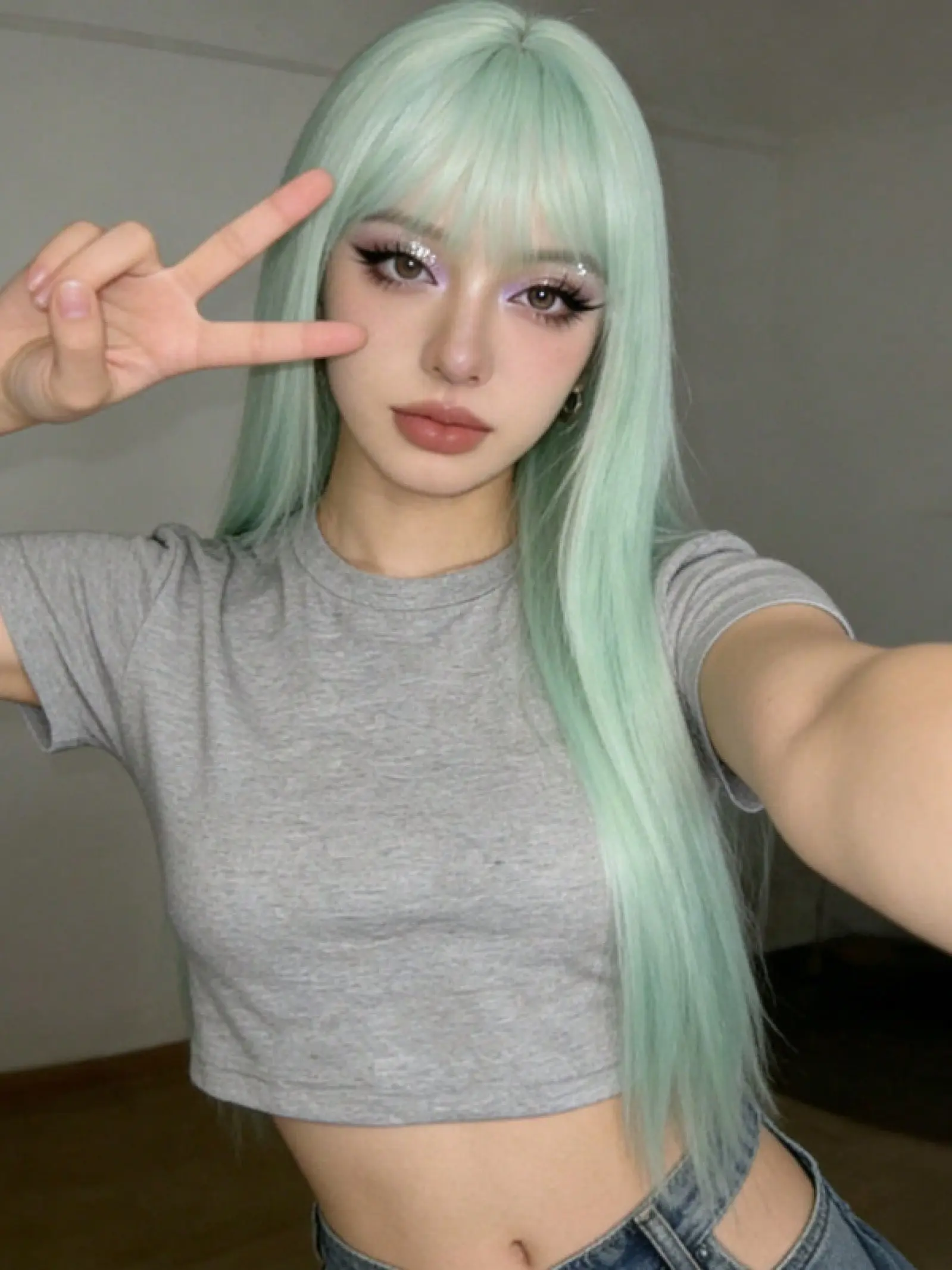 Mint Wig with Bangs, 24inches Long Straight Lolita wig, Smooth Daily Wear, Multi-Use Synthetic Hair, Quick Hairstyle Change, All Seasons
