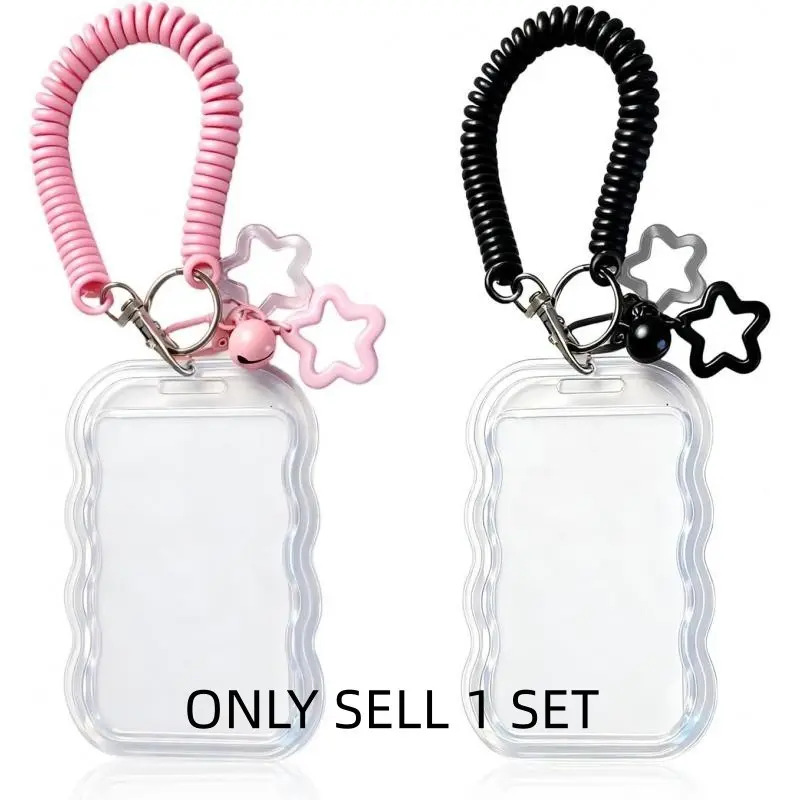 2-Pack Cute Photo Card Holder Keychain, Kpop Photo Card Case, Transparent PC Material with Star Wave Design, Bus Pass, Student ID, Creative Photo Protection, Id Badge Holders Retractable, Clear Id Badge Holder, Plastic Id Badge Holder