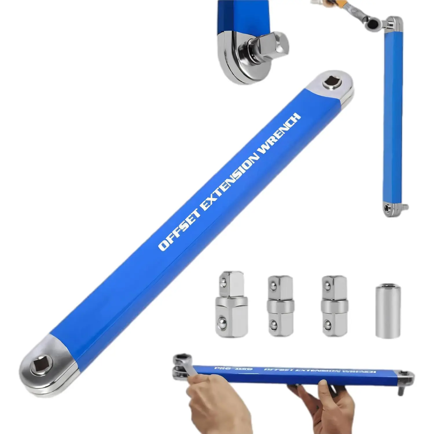 Heavy Duty Steel Offset Extension Wrench, Impact-Ready Slim Profile Tool for Accessing Bolts and Nuts in Tight Spots, Includes 4 Drive Adapters, Heavy Duty Wrench, 0.63 Inches In Thickness, 15.4 Inches