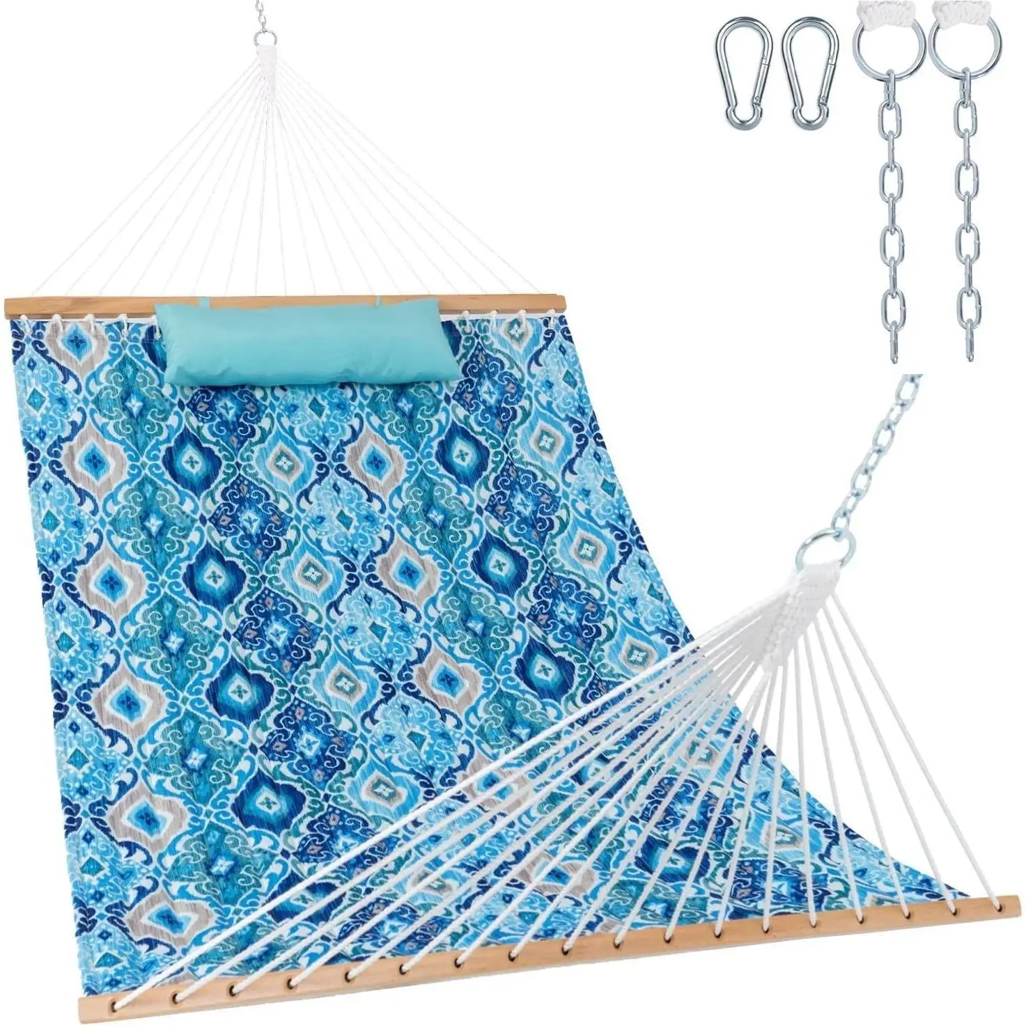 12FT Quilted Fabric Hammock with Soft Pillow, Double 2 Person Tree Hammock with Spreader Bar for Outdoor Patio Garden Yard Pool Beach, 450lbs Capacity