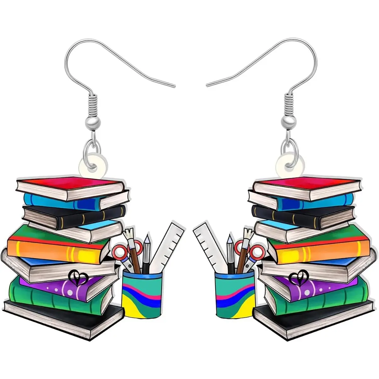Women's School-Themed Earring Stack, Lightweight Cute Stacked Dangle Earrings with Synthetic Print Books & Bookshelf Charms, Female Wear for Librarians (Teacher Gifts)