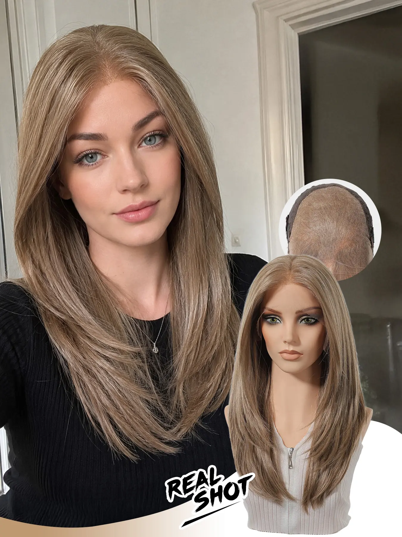 13x6 Front Lace Women's Layered Straight Hair, Light Milk Tea Hemp Color, Invisible Parting, Daily Commute Seamless Wig, High Quality Wigs