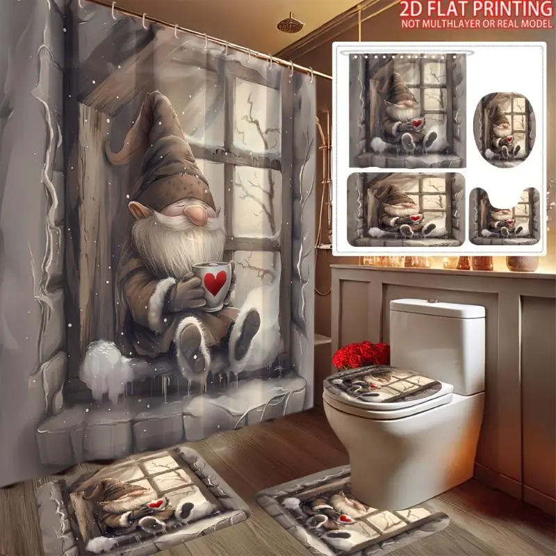 1-4PCS Waterproof Polyester Character Figure Shower Curtain Set – 2D Coffee Drinking Gnome Design, Includes Printed Curtain, Non-Slip Mat, Toilet Cover, Bath Mat, 12 Plastic Hooks, Bathroom Home Decor Accessories