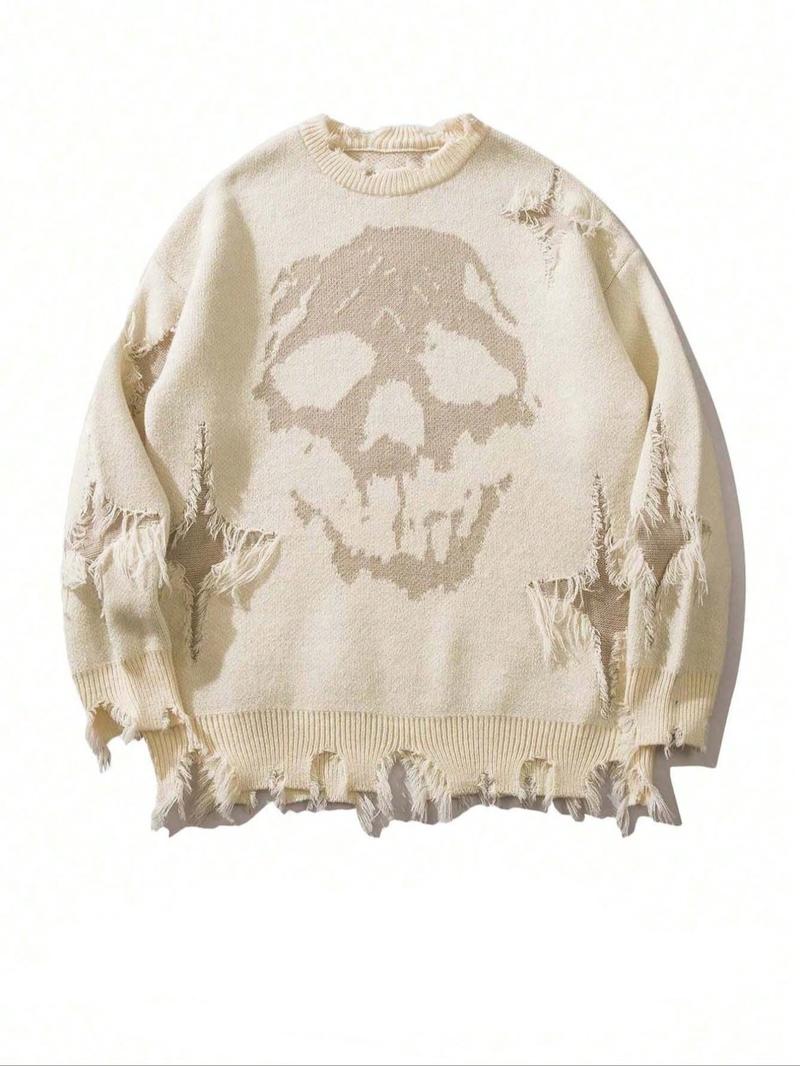 Men's Ripped Drop Shoulder Sweater, Loose Casual Street Soft Comfy Long Sleeve Round Neck Jumper for Fall, Fashion Men's Knitwear for Daily Wear, Graphic Sweater