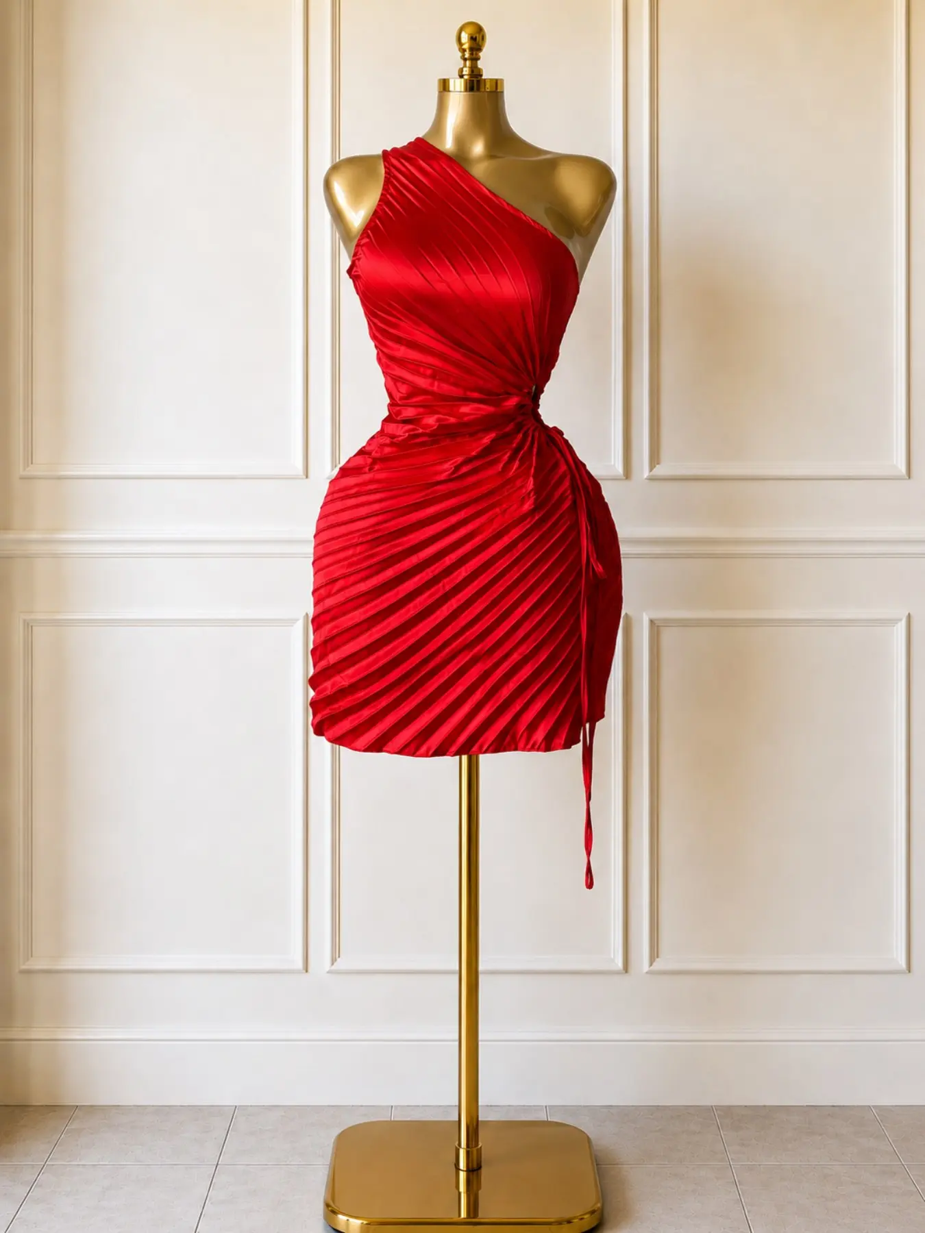 2026 New Best-Seller Red Herringbone-Patterned Pleated Satin One-Shoulder Drawstring Mini Skirt  Combines a sweet girly vibe with a figure-hugging sexy style featuring an elegant slightly luxurious feel Perfect for dates cocktail parties birthday