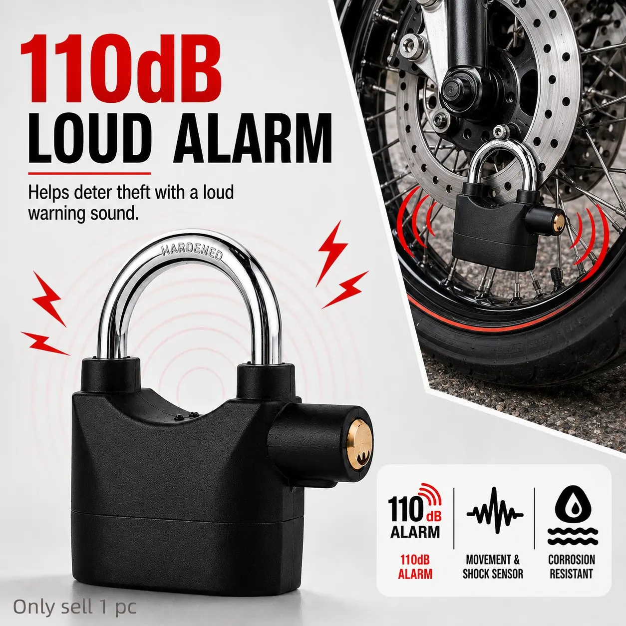 110dB Loud Alarm Anti Theft Padlock with 3 Keys, Heavy Duty Outdoor Hanging Lock, Motion Shock Sensor Security Lock for Garage Doors, Fence Gates, Tool Boxes and Storage Units