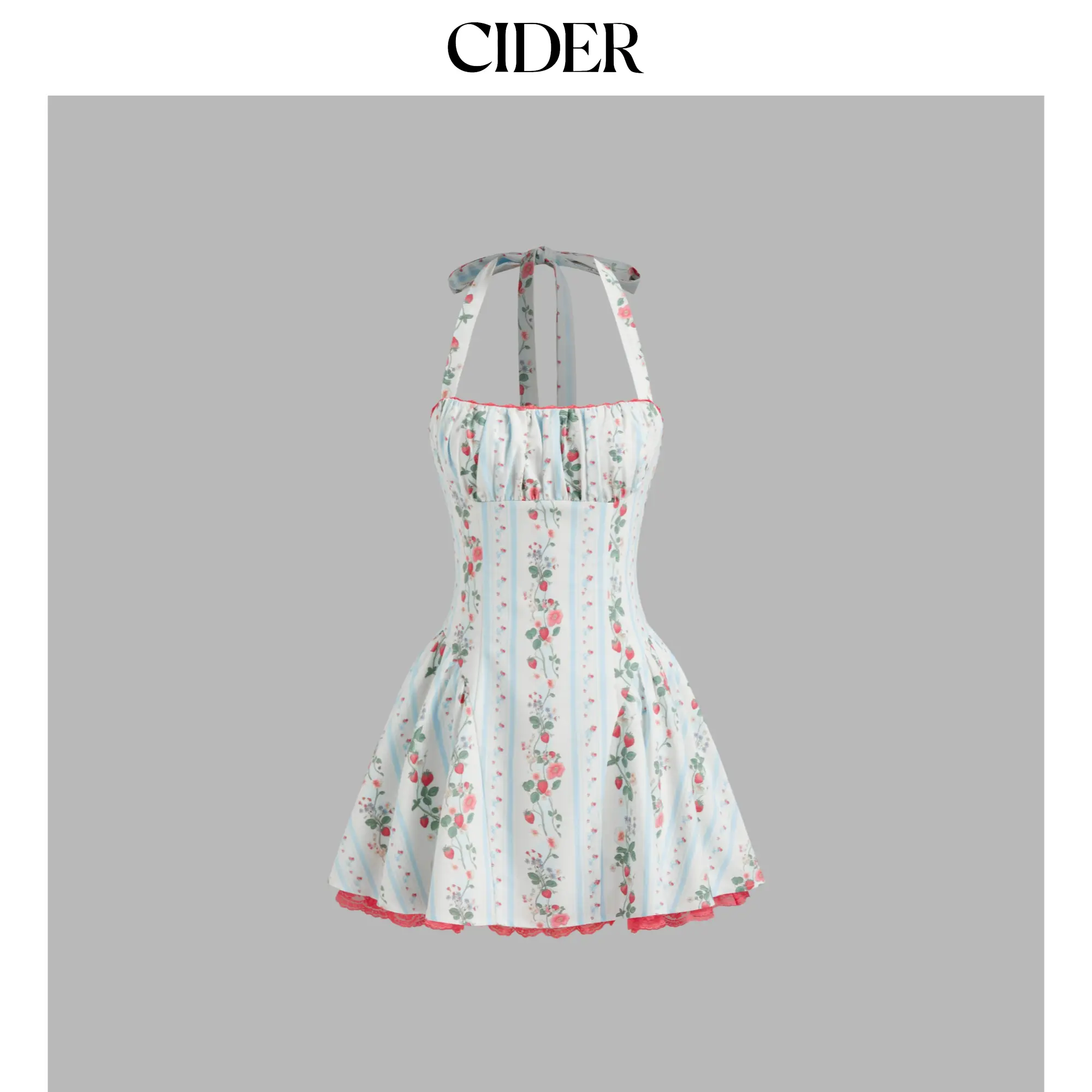 Cider [size 0-10] Linen-blend Halter Neckline Strawberry Floral Lace Up Ruffle Mini Dress SummerFinds