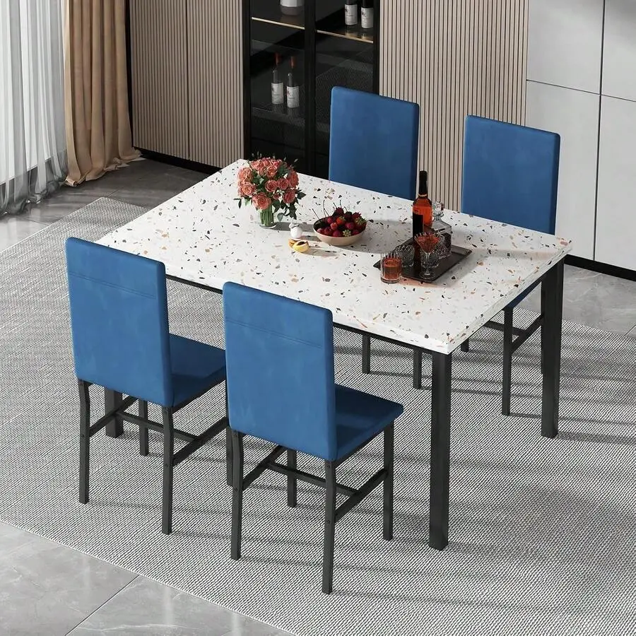 Modern Dining Room Table And Chairs Set 4, 5-Piece Dining Table Set With Faux Table & Velvet Chairs Apartment, Dining Table Set With MDF Broad & Metal Frame Dining Room,