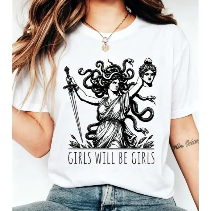 Women's Vintage Feminist Print Short Sleeve Medusa Power Crew Neck T-Shirt, Elegant Party Holiday Casual Style Loose Fit Top, 2026 Spring/Summer Simple Versatile Fashion Commuter Women's Clothing