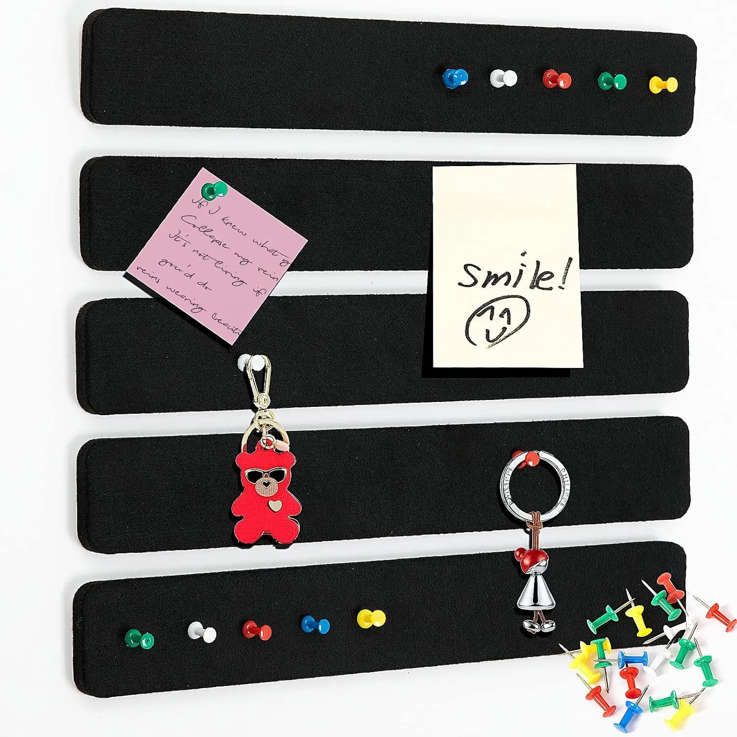 5 Pack Felt Pin Board Bar Strips Bulletin Board for Bedrooms Offices  Wall Decoration, Notice Board Self Adhesive Cork Board with 35 Push Pins for Paste Notes, Photos, Schedules (Black)