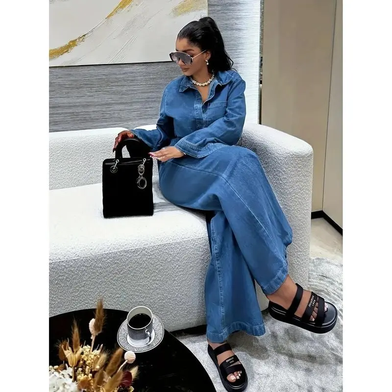 Women's denim clothing, new women's denim suits, long-sleeved lapel pocket top, lace-up straight-leg pants, two-piece suit
