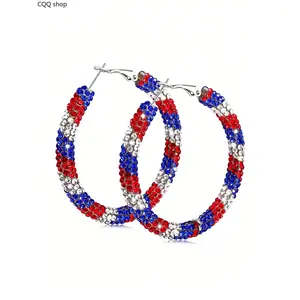 Red, White & Blue American Flag Earrings, Fashionable Hoop Earrings, patriotic accessories for Independence Day, Bohemian resin rhinestone hoop dangle earrings for women, lightweight, patriotic jewelry gift for July 4th parties
