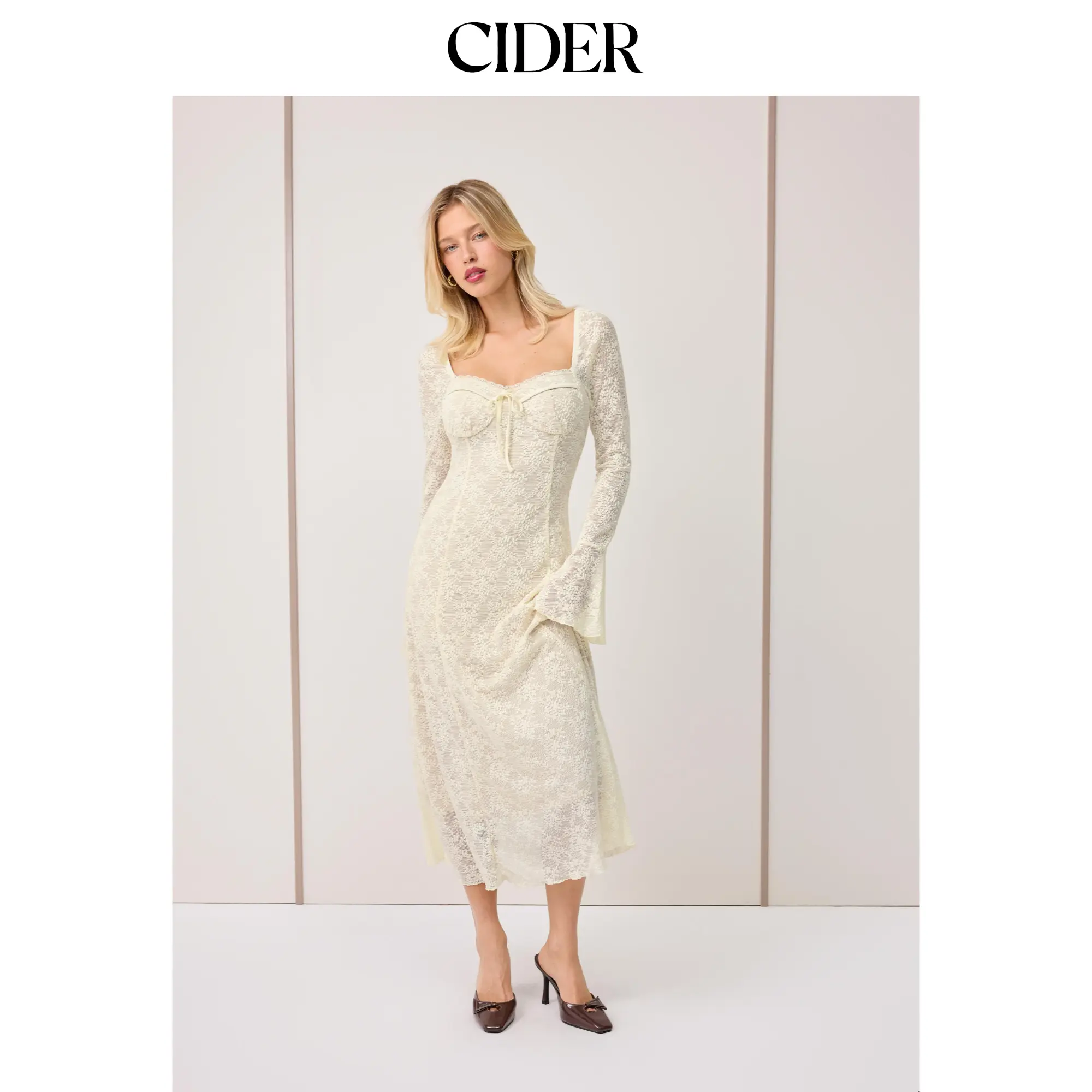 Cider Lace Sweetheart Neckline Bell Sleeve Maxi Dress