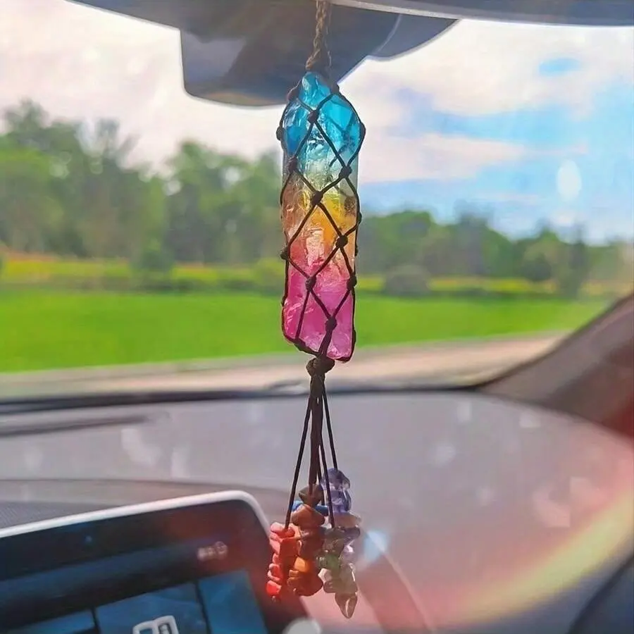 1pc 7 Chakra Crystal Car Hanging Ornament, Rainbow Aura Clear Quartz Stone Pendant, Auto Interior Decor Healing Accessory