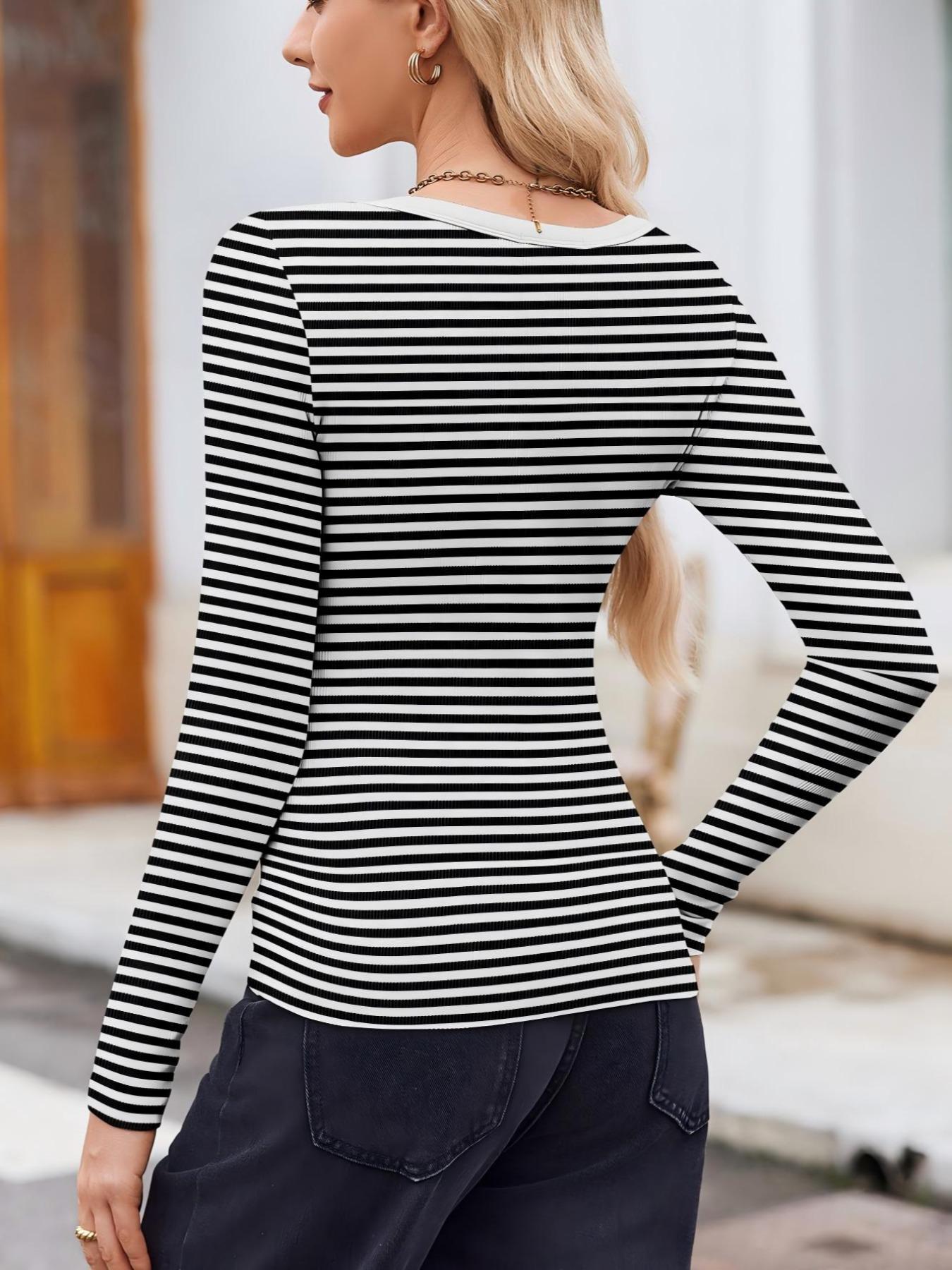 Women's Striped Knit U-Neck Long Sleeve T-Shirt, Soft Elastic Fabric, Regular Fit Casual Top, Perfect for Daily Wear