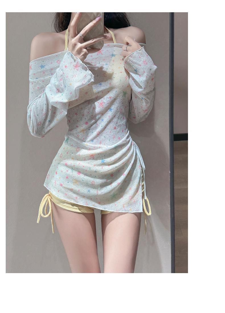 Women's three-piece swimsuit set, long-sleeved for sun protection, with a fresh star print, sweet and charming, suitable for beach wear