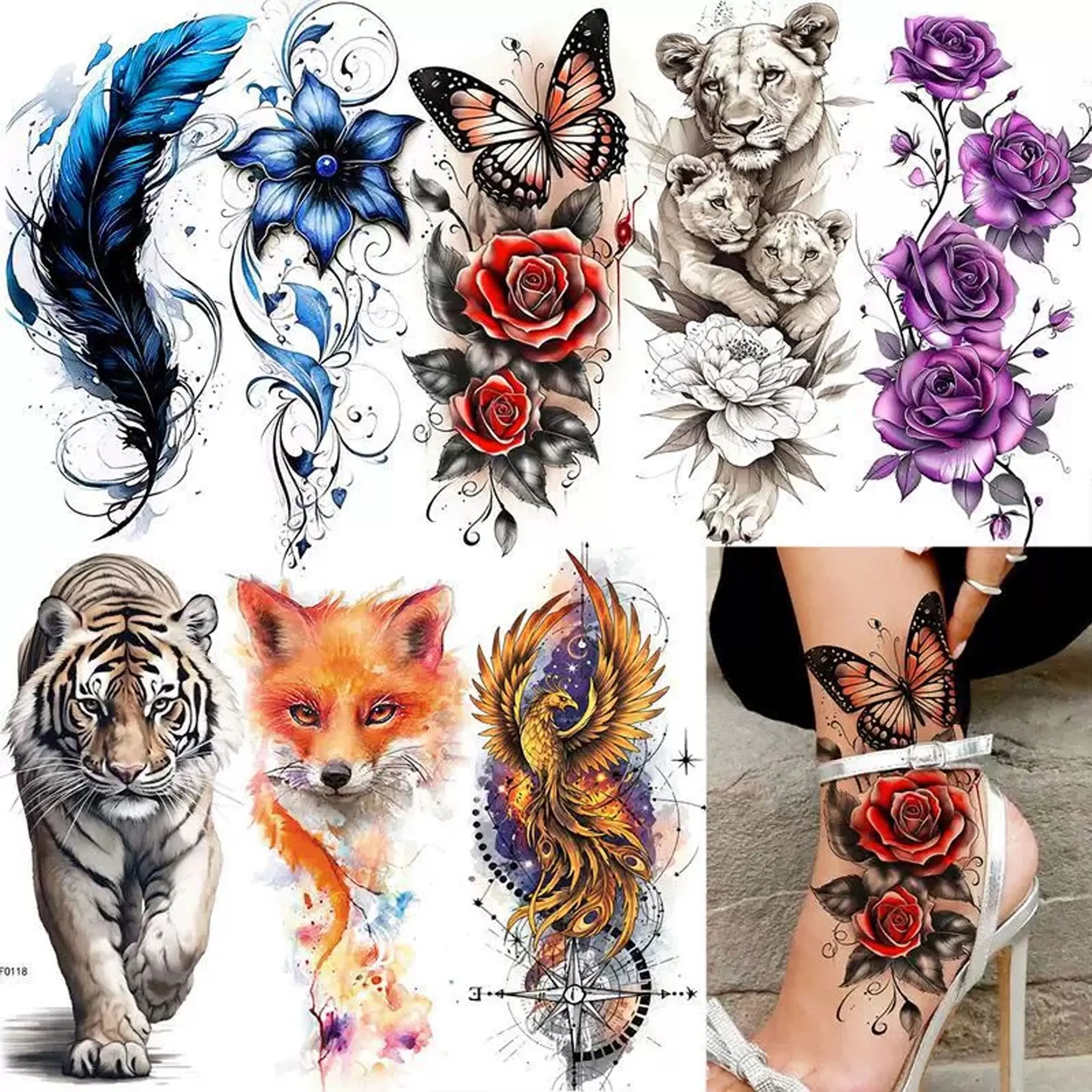 Rose Flower Phoenix Tiger Wolf Butterfly Tattoo Stickers, Colorful Water Transfer Tattoos for Hand Back Foot, Temporary Body Art
