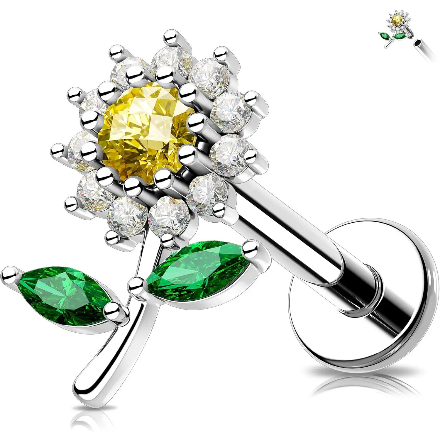 MeIighting Flower Flat  Earring Internally Threaded 16G Cartilage Earring Clear CZ 8 mm Helix Earring Helix Stud Stainless Steel 316L Helix
