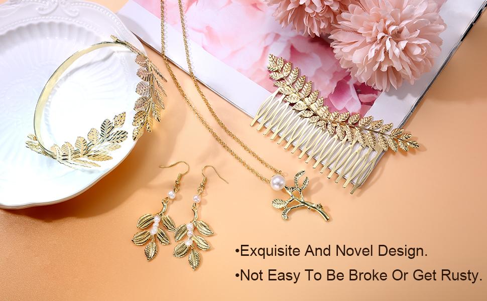 Florideco 9 Pcs Greek Goddess Costume Accessories Set for Women Golden Laurel Leaf Crown Headband Upper Arm Coil Bracelet Pearl Leaf Dangle Earring Artificial Pearl Earrings Necklace Bridal Wedding