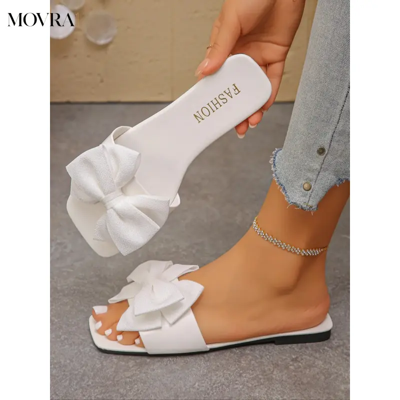 MOVRA1 Women's Flat Low Heel Fairy Sandals, Multicolor Fashion Casual Lightweight,-Resistant Beach, Bow Design, Beach Slides