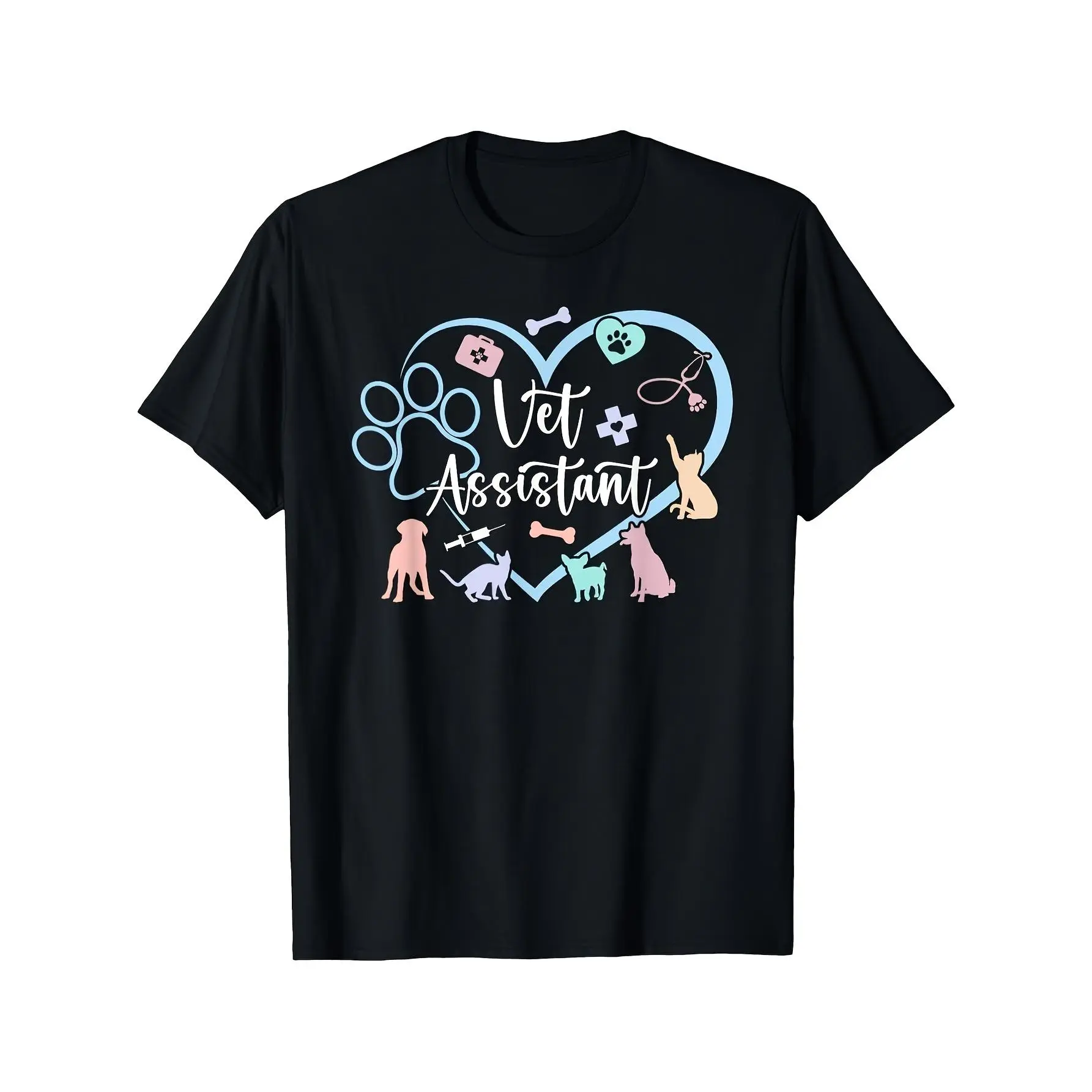 Vet Assistant Heart Paw Print Graphic Cotton T-Shirt, Cute Cat Dog Veterinary Technician Crew Neck Short Sleeve Tee, Unisex Pet Clinic Worker Casual Daily Top