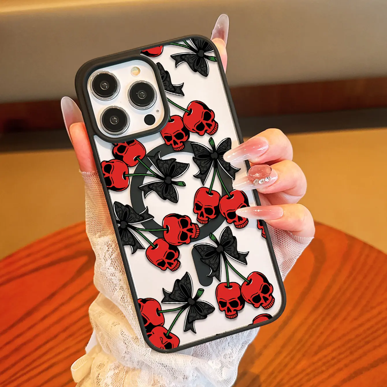 Red Skull Cherry Bow Phone Case, Gothic Coquette Clear Bumper Cover with Thorn Vine Art, Alt Girl Gift for iPhone 17 16 15 14 13 12 11 X Plus Pro Max
