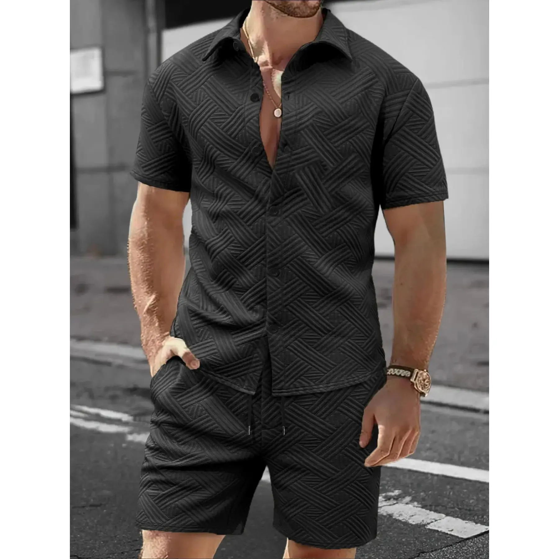 Men's White Textured 2-Piece Outfit - Short Sleeve Button-Up Shirt & Drawstring Shorts, Lightweight Breathable, Relaxed Fit Beach, Hiking & Outdoor Casual Days