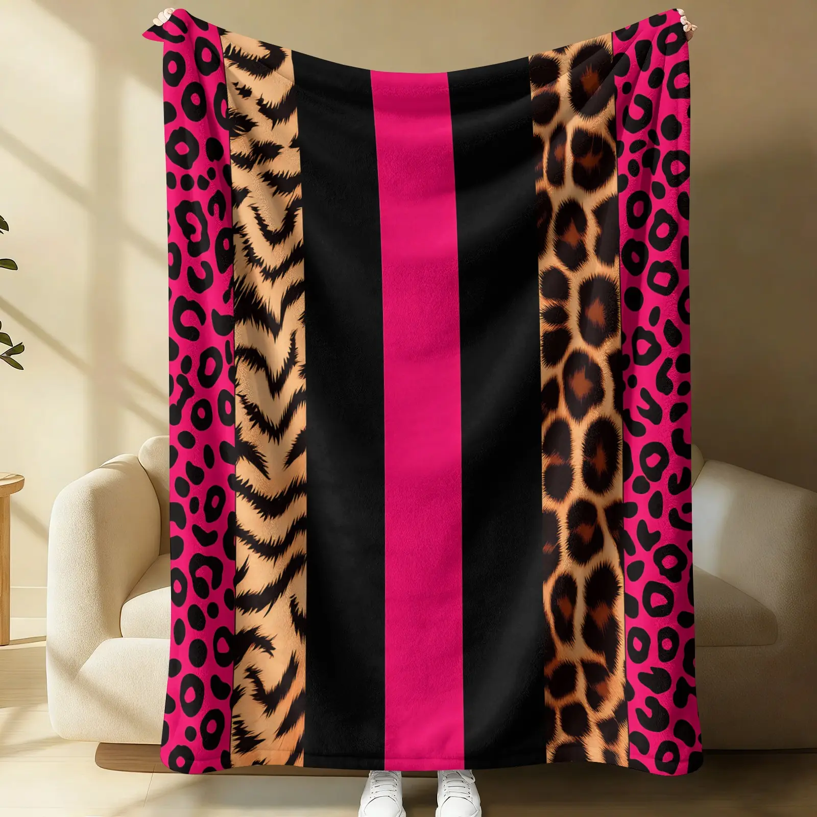 Y2K Hot Pink Leopard Tiger Stripe Patchwork Flannel Blanket, Oversized Multi-Functional Lightweight Air Conditioning Throw, Soft Fleece for Home Napping Travel Camping Outdoor, Trendy Aesthetic Gift For Women Girls