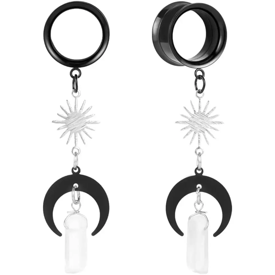 2 count Moon-Pendant  Stone Stainless Steel Dangle Ear Plugs Tunnels Stretcher