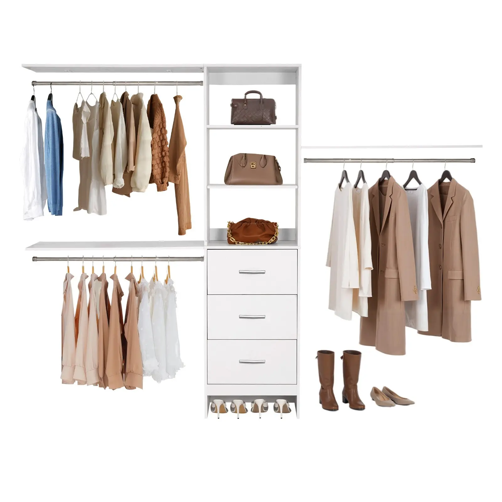 VEVOR KLBC-01 Freestanding Wooden Closet System, 95.7x16x75 in Particle Board Organizer with Adjustable Height, 3 Drawers, 3 Hanger Rods, Wood Surface for Easy Access by Families in Bedrooms, White, Walk-In Wardrobe