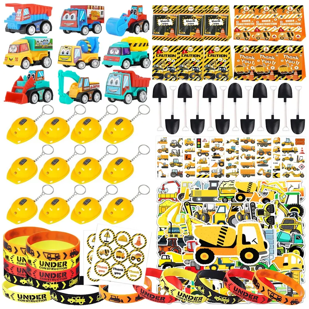 126pcs Construction Party Supplies, Kids Construction Toys, Truck Stickers, Gift Bags, Plastic Shovels, Wristbands, Straws, Keychains, Birthday Decorations