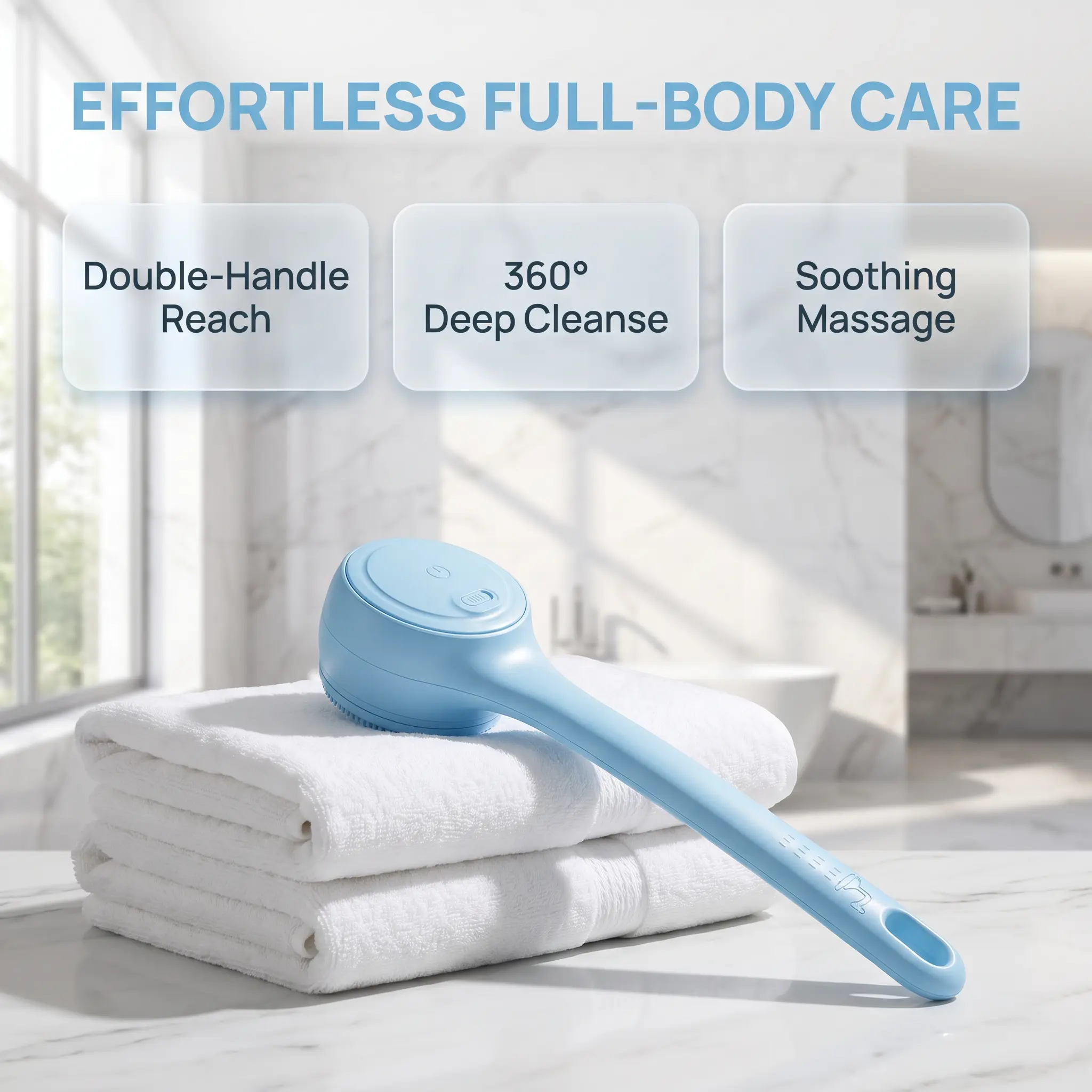 Rechargeable Electric Body Scrubber, IPX7 Waterproof 360° Rotating Shower Brush with Dual Grip Handles, Full Body Cleansing Bath Brush Equipped with 4 Interchangeable Detachable Brush Heads for Deep Skin Exfoliation & Cleansing