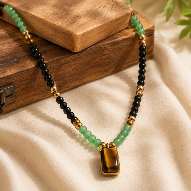 Women's Stone Beaded Jewelry Set - Money Bracelet & Necklace, Green Aventurine-Tiger Eye-Black Obsidian, Feng Shui Good Luck Wealth Accessories, Gift for Streetwear Outfits, Casual Wear, Celebrity Style, Mixed Colors