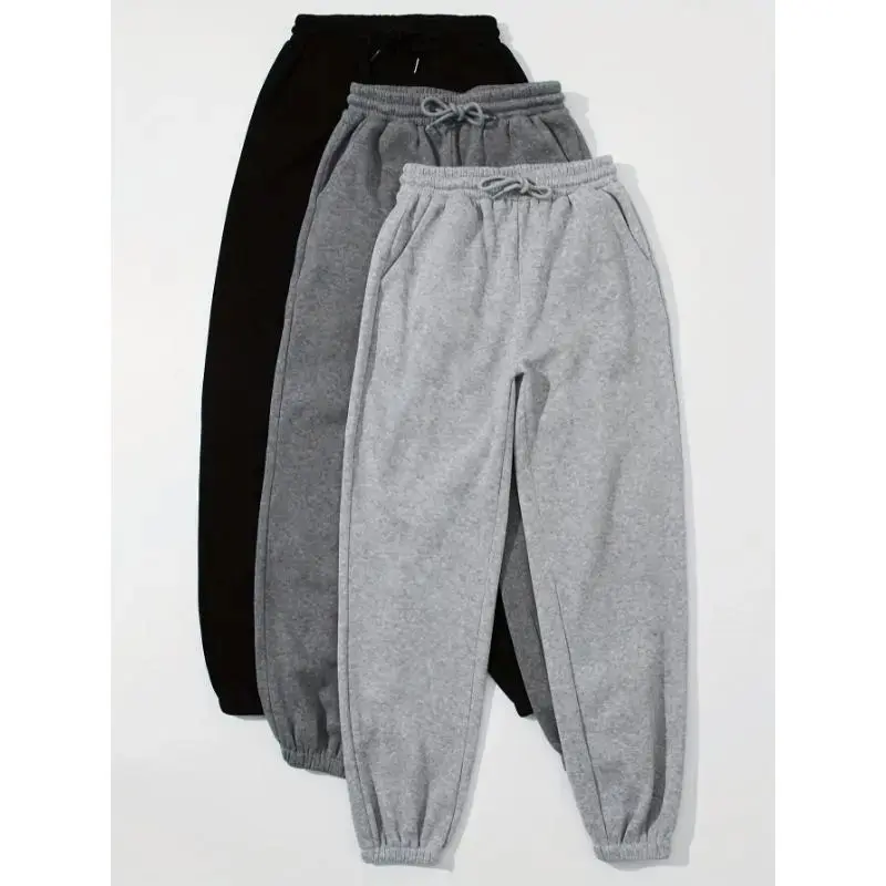 Women's 3-Pack Solid Color Full-Length Tencel Jogger Sweatpants - Female Casual Wear, Drawstring Waist, Elastic Cuffs, Stretchy Fit, Black/Gray/White, Cozy, Sports & Outdoor Use