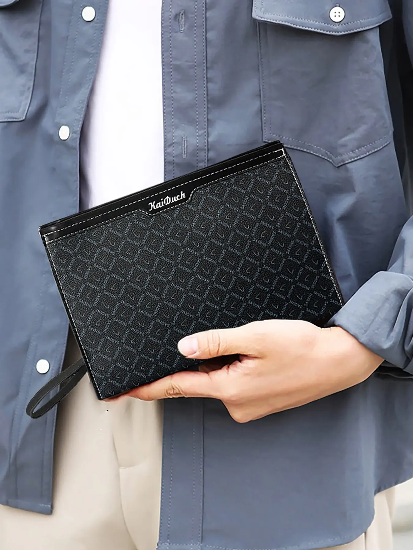 Men's Long Wallet Handbag, Business Casual Multi-Layer Large Capacity Zipper Clutch Bag with Wrist Strap, All Seasons Argyle Pattern, Durable Pouch, Men Gifts