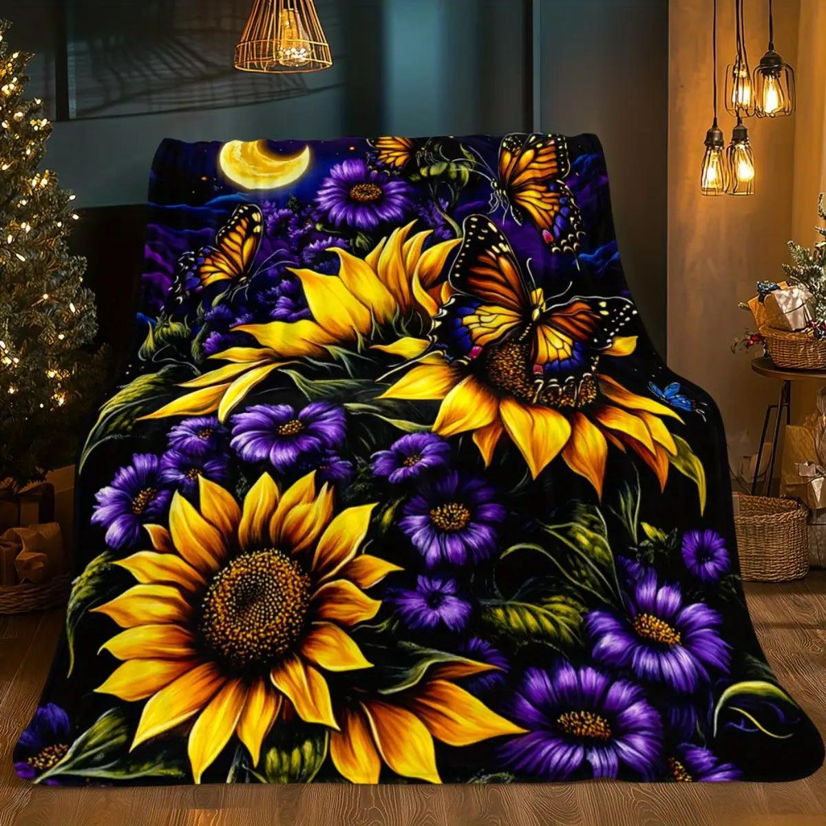 Sunflowers and butterflies Blanket-Lightweight Flannel Home Furnishings Bedding Blanket Suitable for Sofas Beds Travel Camping Living Rooms Offices Sofas Chairs and Beds-Soft and Warm Flannel Fabric Digital Printed Blanket