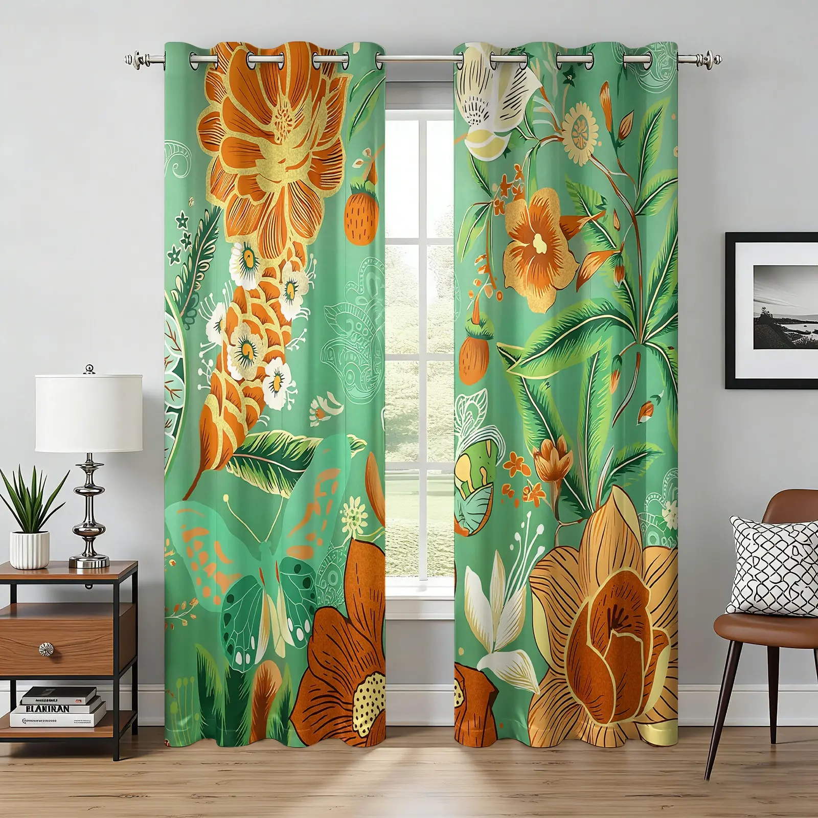 2 Panels Green Background Boho Tropical Floral Butterfly Blackout Curtains, Vintage Orange Flower Print Grommet Window Drapes, Machine Washable Light Blocking Curtains for Immersive Sleep, Natural Style Bedroom Decor