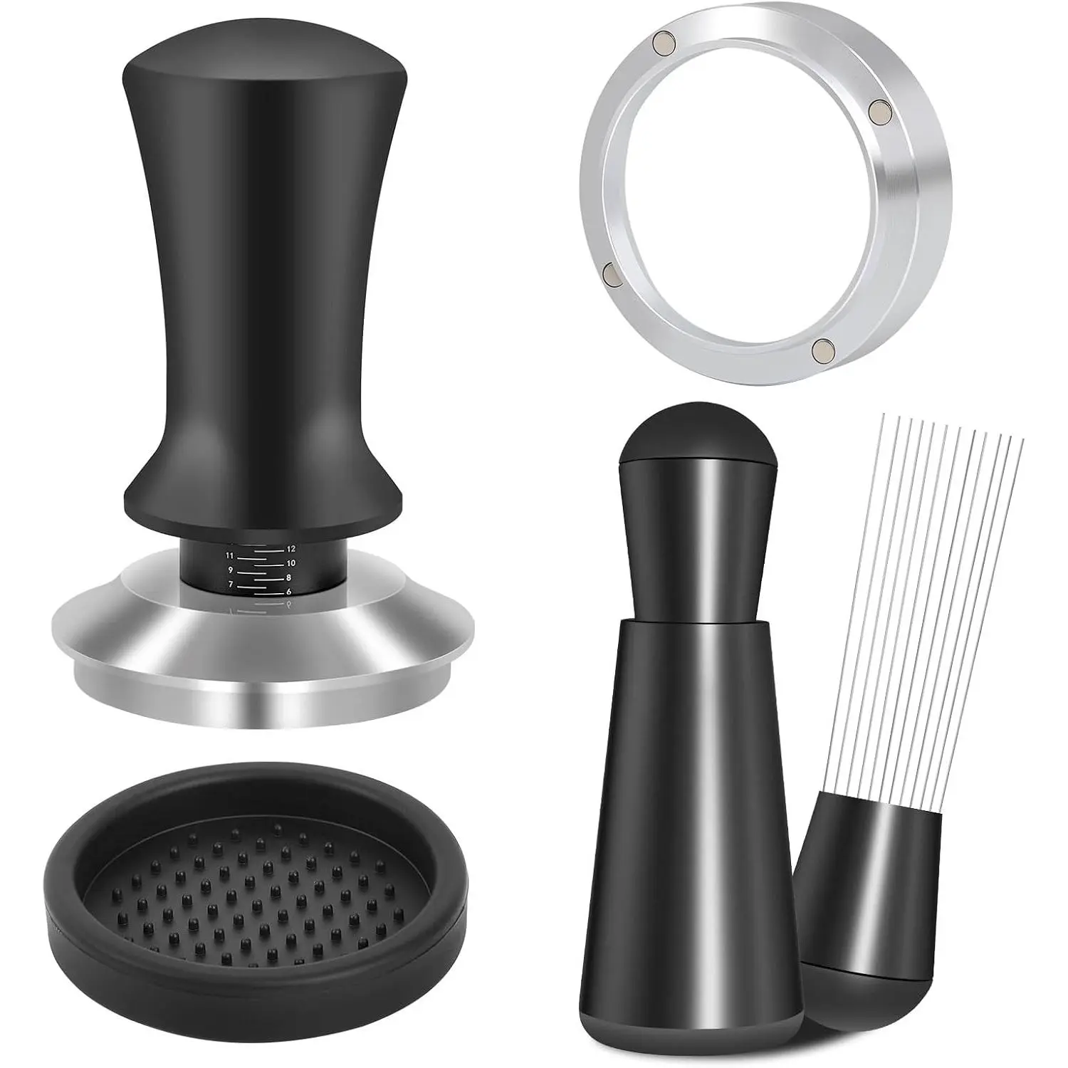 51mm Stainless Steel Espresso Accessories Kit - Ergonomic Spring-Loaded Calibrated Tamper, WDT Tool, Dosing Funnel Set for Coffee Lovers, 51mm Fits Delonghi/Casabrews/Atatix Espresso Machines & Portafilters