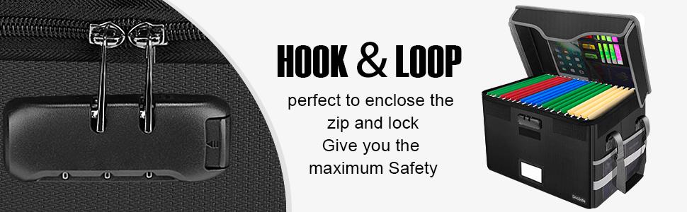 File Box Fireproof Document Box with Lock,File Storage Organizer Box with Mesh Pockets,Collapsible Portable File Box Office File Cabinet with Handle for Hanging Letter/Legal Folder,Black