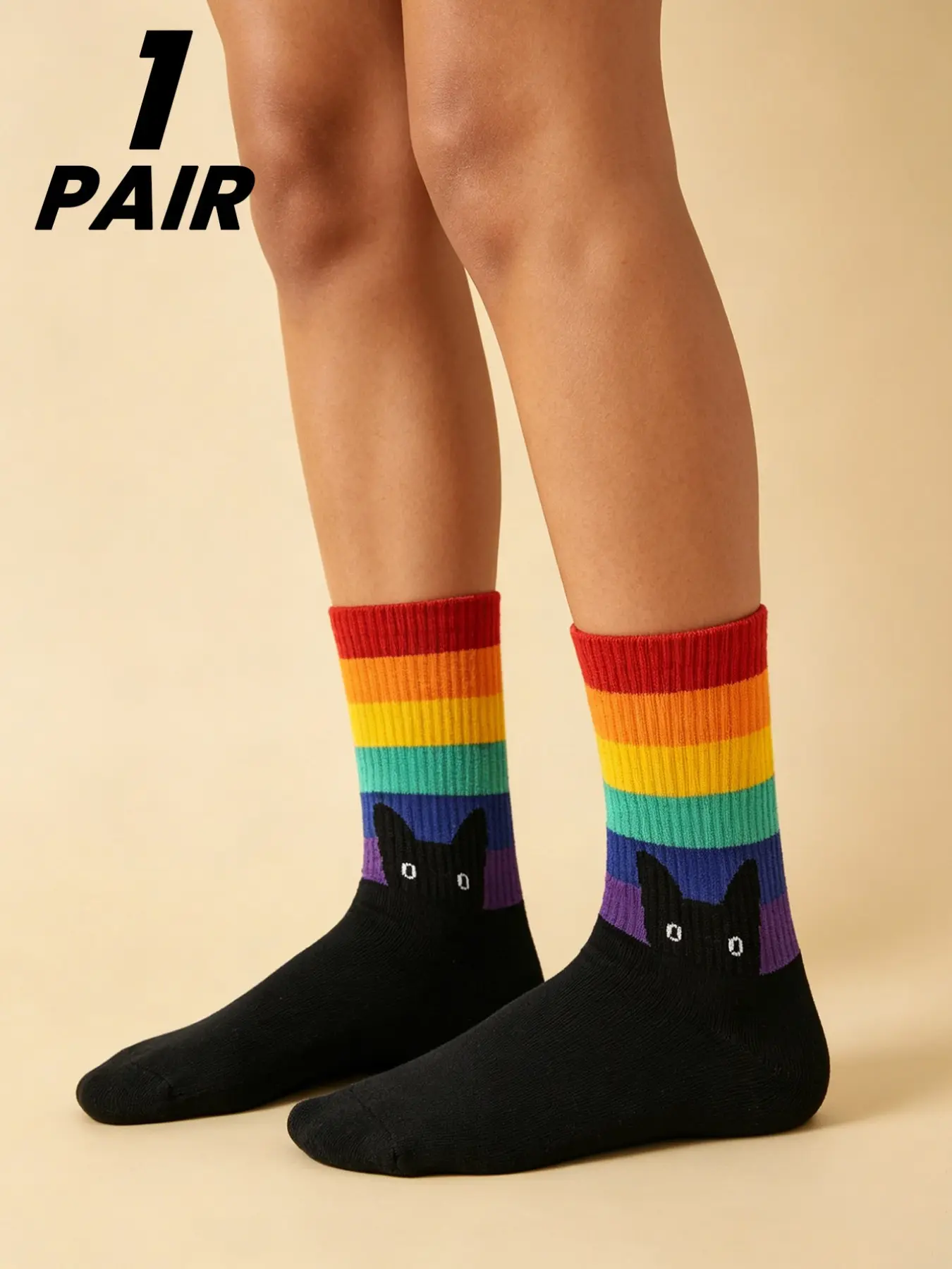 1 Pair Rainbow Striped Crew Socks Cute Peeking Black Cat Animal Print Mid Calf Socks Pride Aesthetic Ribbed Knitted Skate Socks For Women Men