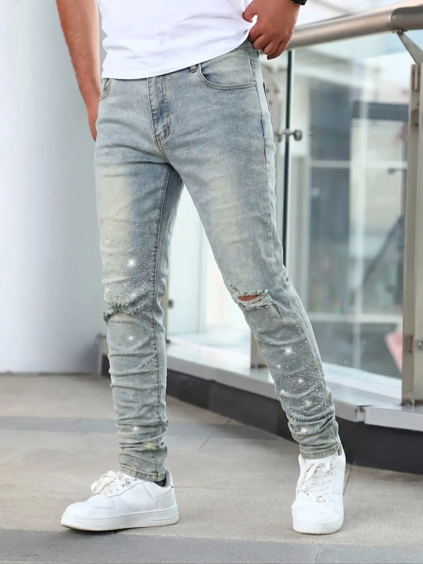 Men's Washed Rhinestone Slim Fit Jeans, Vintage American Style, Nightclub Streetwear, Trendy Long Pants, All Seasons