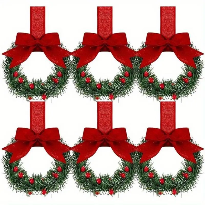 6pcs/12pcs Christmas Kitchen Cabinet Mini Wreath Hanging Ornaments with Bows and Berries, Mini Christmas Wreath Small Kitchen Christmas Decorations, Artificial Hanging Wreath for Window/Cabinet/Chair/Door/Stairs