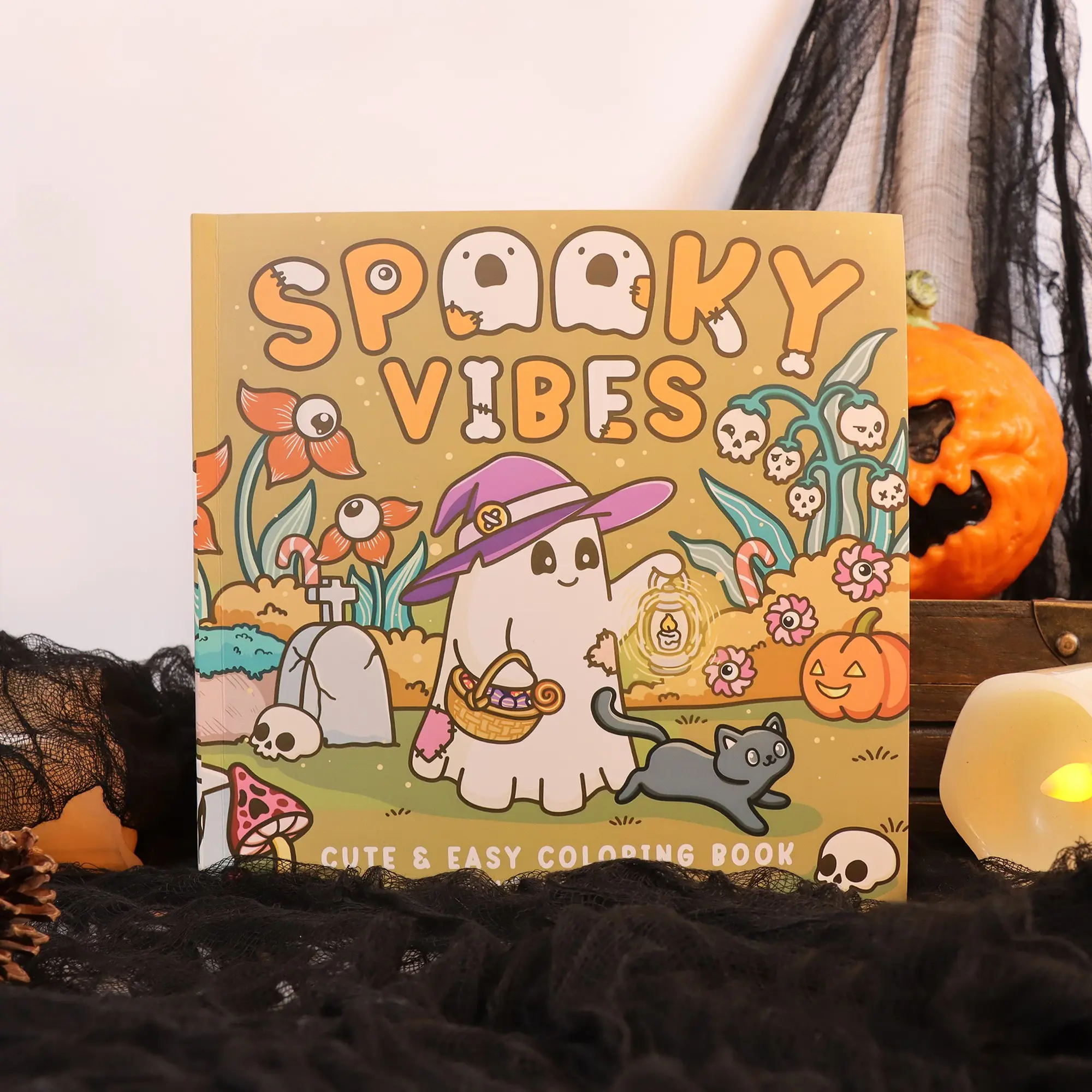 Spooky Vibes Halloween Coloring Book, Adult Relaxation Cartoon Pumpkin Doodle Fill-In Sketchbook, Cute Ghost Design, Stress Relief Activity